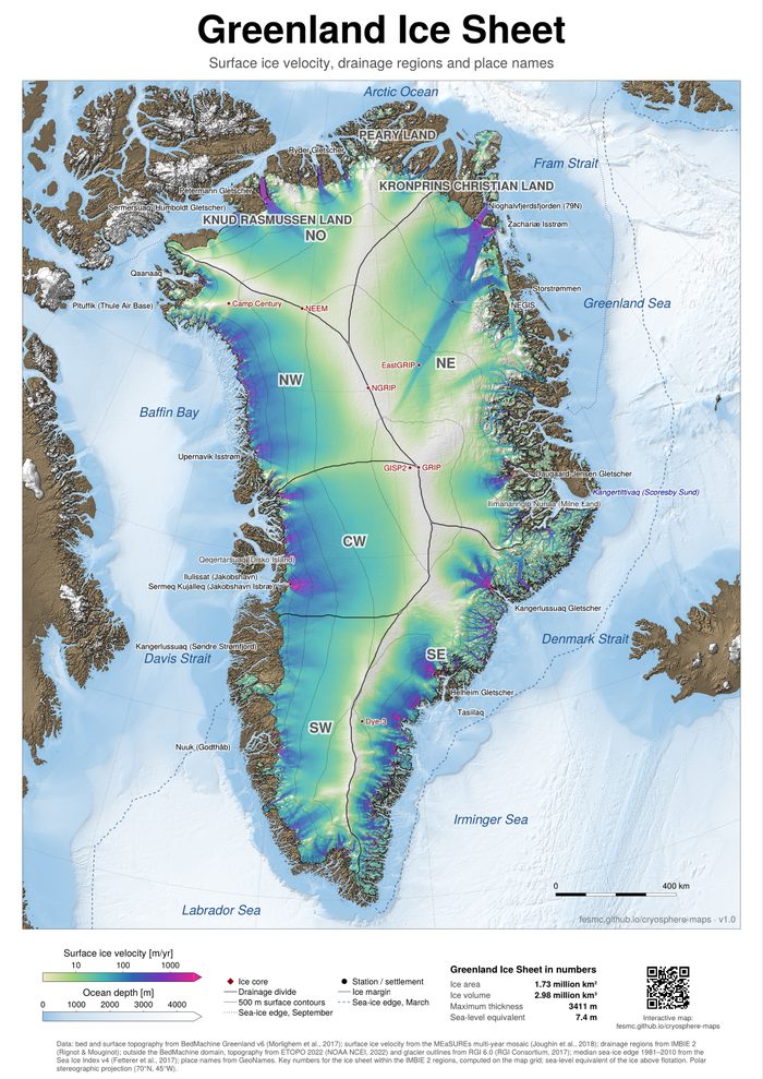 Poster map of the Greenland ice sheet showing surface ice velocity